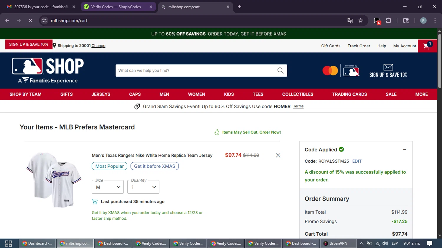 Texas Rangers promo code screenshot showing code ROYALSSTM25 applied at Texas Rangers checkout page. Uploaded by SimplyCodes community member DiscountRanger4509 on Dec 12, 2025