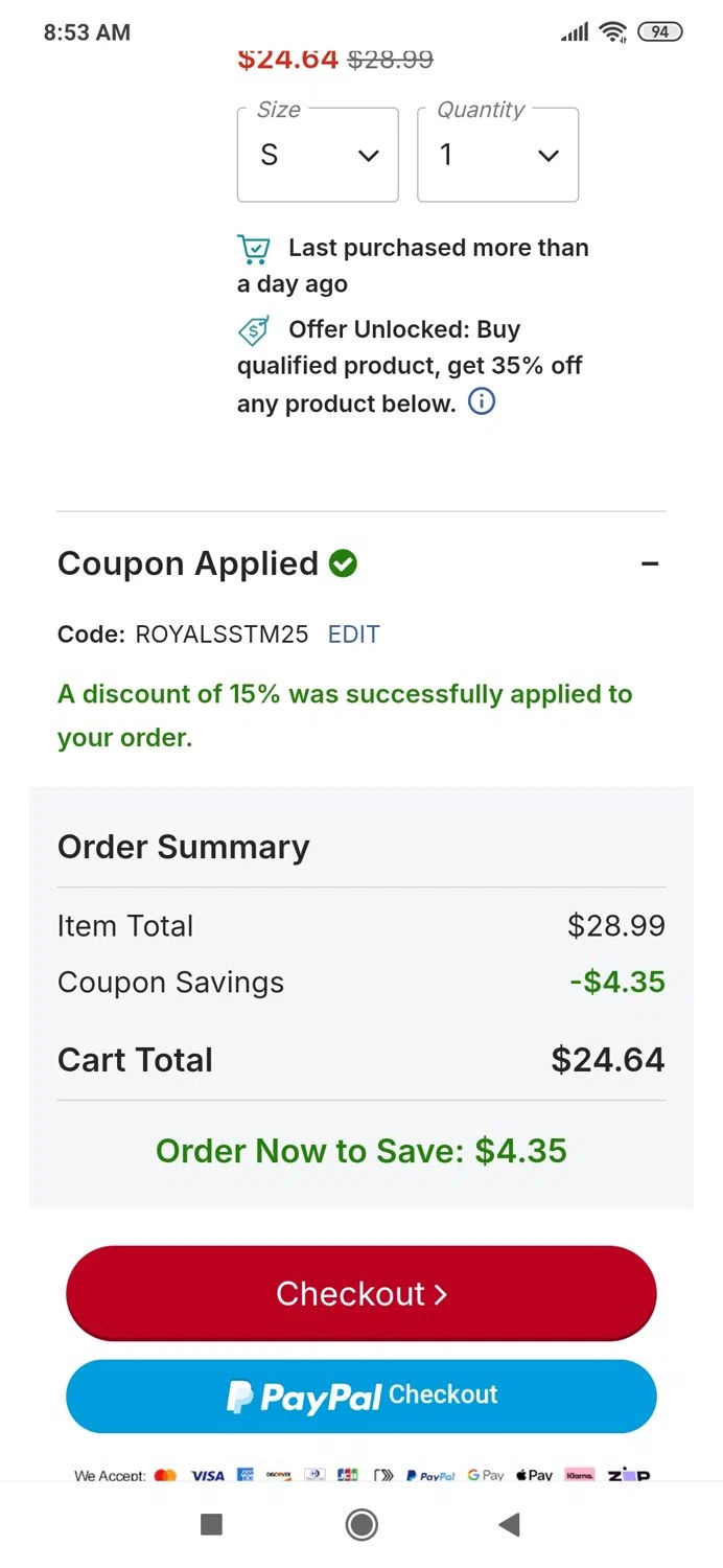 Texas Rangers promo code screenshot showing code ROYALSSTM25 applied at Texas Rangers checkout page. Uploaded by SimplyCodes community member MightyBoss9975 on Aug 16, 2025