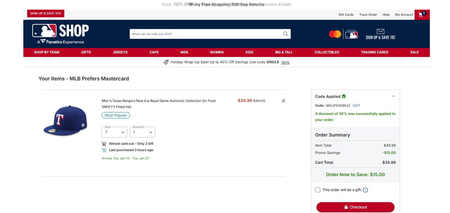 Texas Rangers promo code screenshot showing code 965JPE5K8K22 applied at Texas Rangers checkout page. Uploaded by SimplyCodes community member OnlywM on Dec 26, 2025