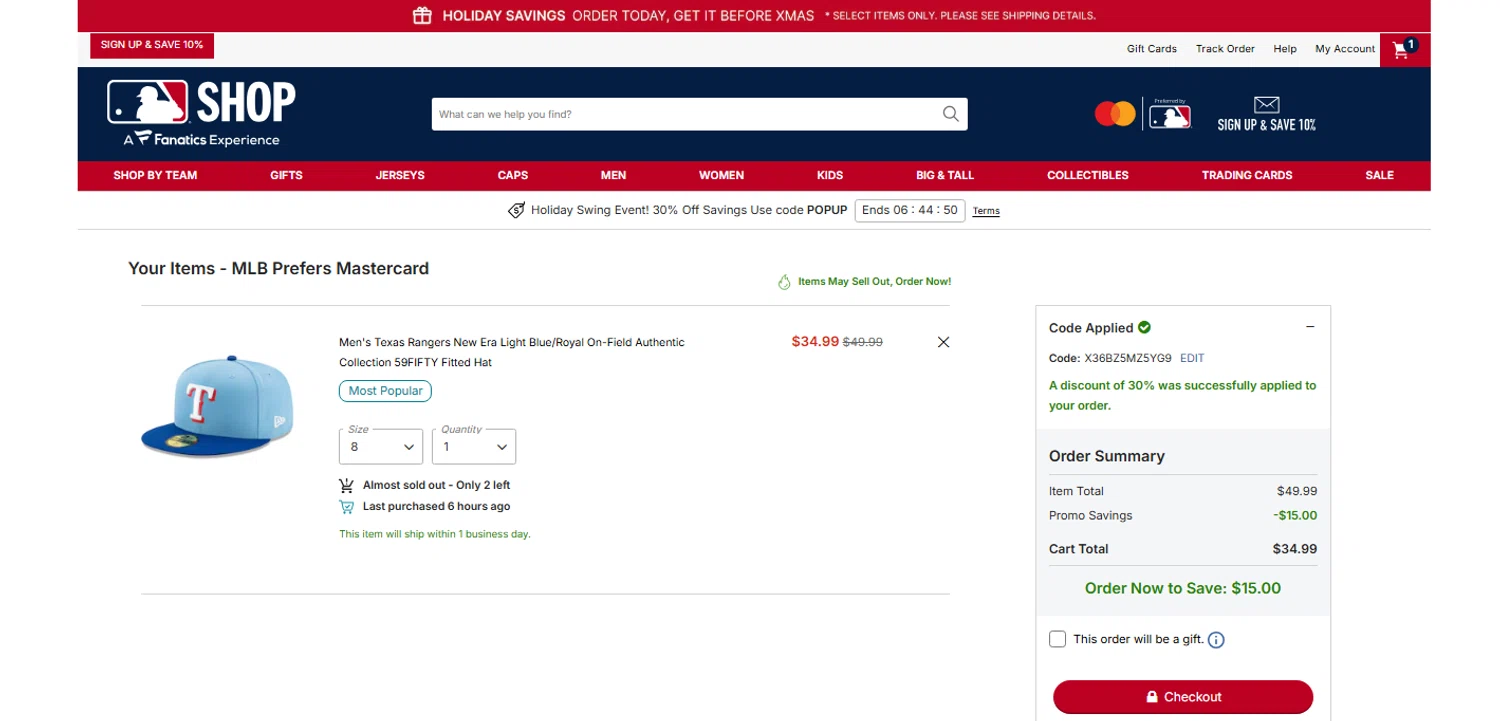 Texas Rangers promo code screenshot showing code X36BZ5MZ5YG9 applied at Texas Rangers checkout page. Uploaded by SimplyCodes community member OnlywM on Dec 18, 2025