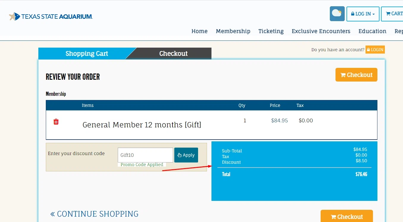 where to use Texas State Aquarium promo code box