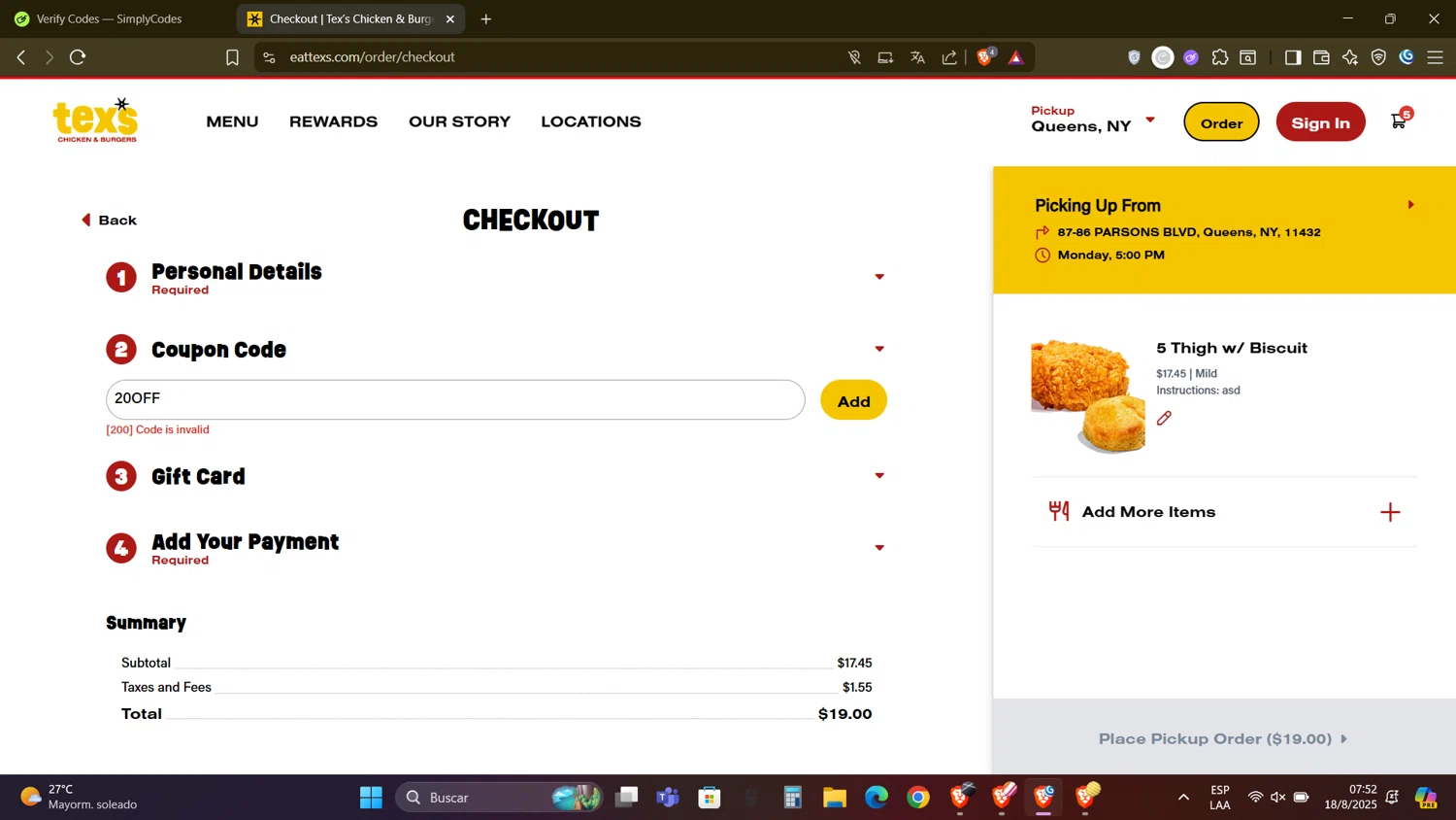 Tex’s Chicken & Burgers promo code screenshot showing code 20OFF applied at Tex’s Chicken & Burgers checkout page. Uploaded by SimplyCodes community member DealAdmiral5466 on Aug 18, 2025