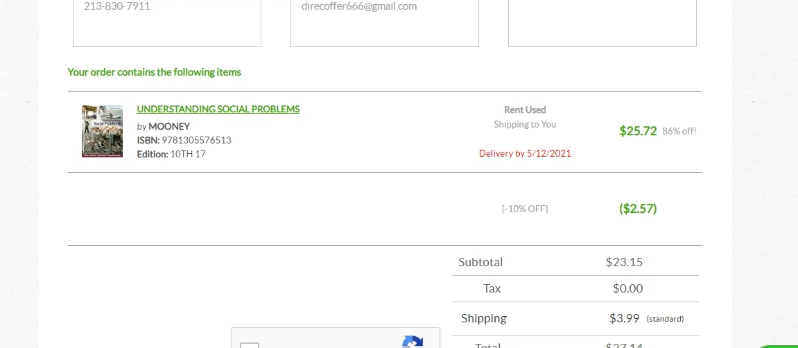 Textbook Solutions checkout page showing Textbook Solutions promo code box | Screenshot taken by SimplyCodes community member on May 1, 2021