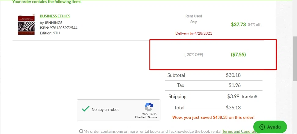 Textbook Solutions checkout page showing Textbook Solutions promo code box | Screenshot taken by SimplyCodes community member on Apr 21, 2021