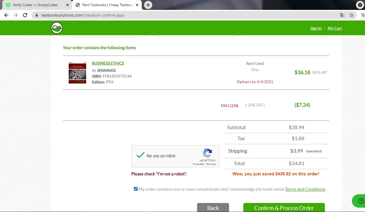 Textbook Solutions checkout page showing Textbook Solutions promo code box | Screenshot taken by SimplyCodes community member on Mar 28, 2021