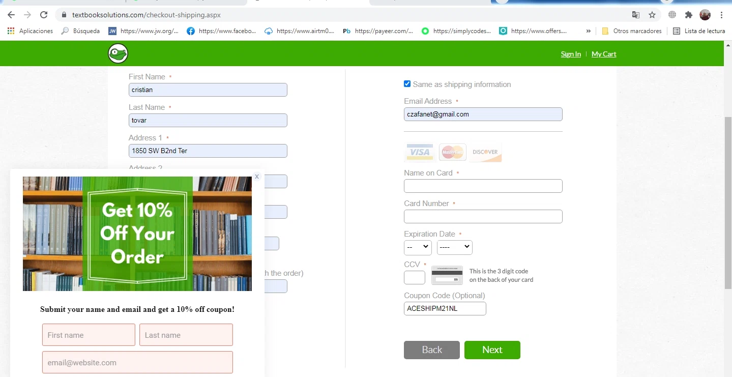 Textbook Solutions checkout page showing Textbook Solutions promo code box | Screenshot taken by SimplyCodes community member on Aug 13, 2021