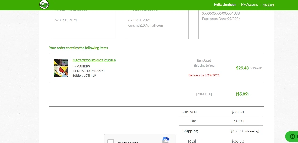 Textbook Solutions checkout page showing Textbook Solutions promo code box | Screenshot taken by SimplyCodes community member on Aug 13, 2021