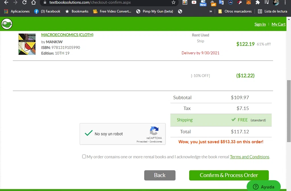 Textbook Solutions checkout page showing Textbook Solutions promo code box | Screenshot taken by SimplyCodes community member on Sep 23, 2021