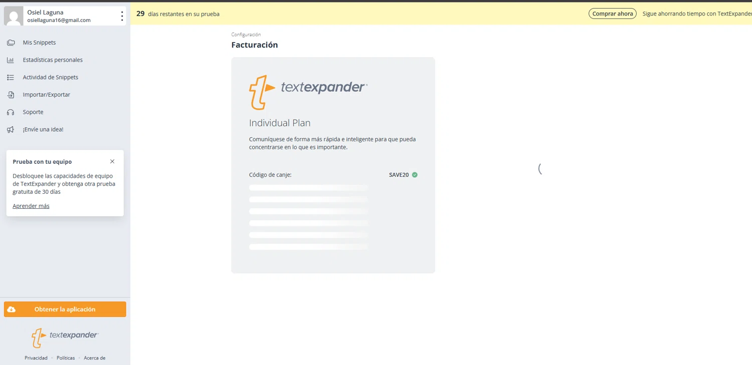 TextExpander discount code screenshot showing code SAVE20 applied at TextExpander checkout page. Uploaded by SimplyCodes community member Elosox1 on Nov 2, 2025