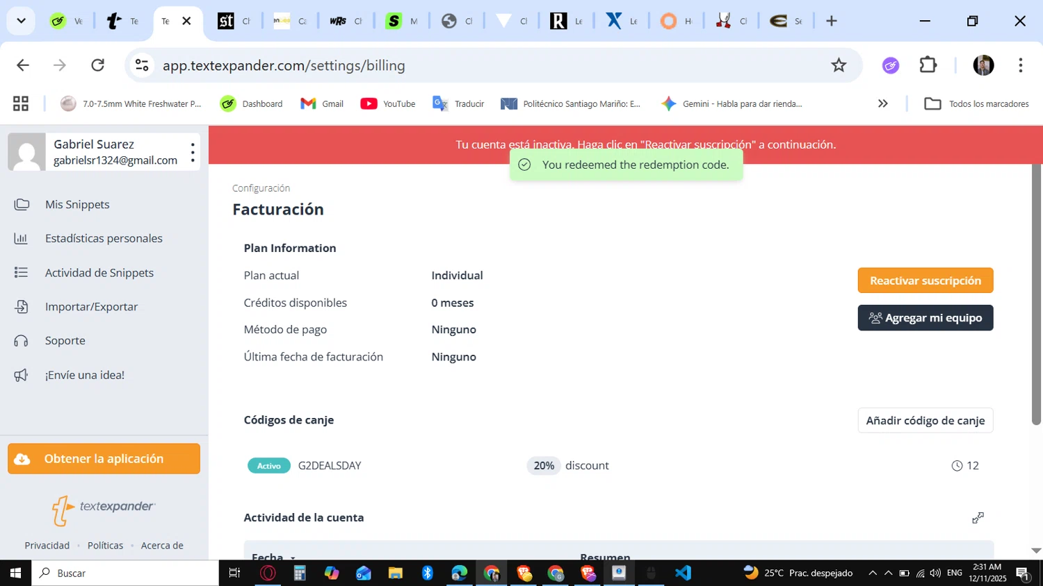 TextExpander discount code screenshot showing code G2DEALSDAY applied at TextExpander checkout page. Uploaded by SimplyCodes community member KataldoMustafack on Dec 11, 2025