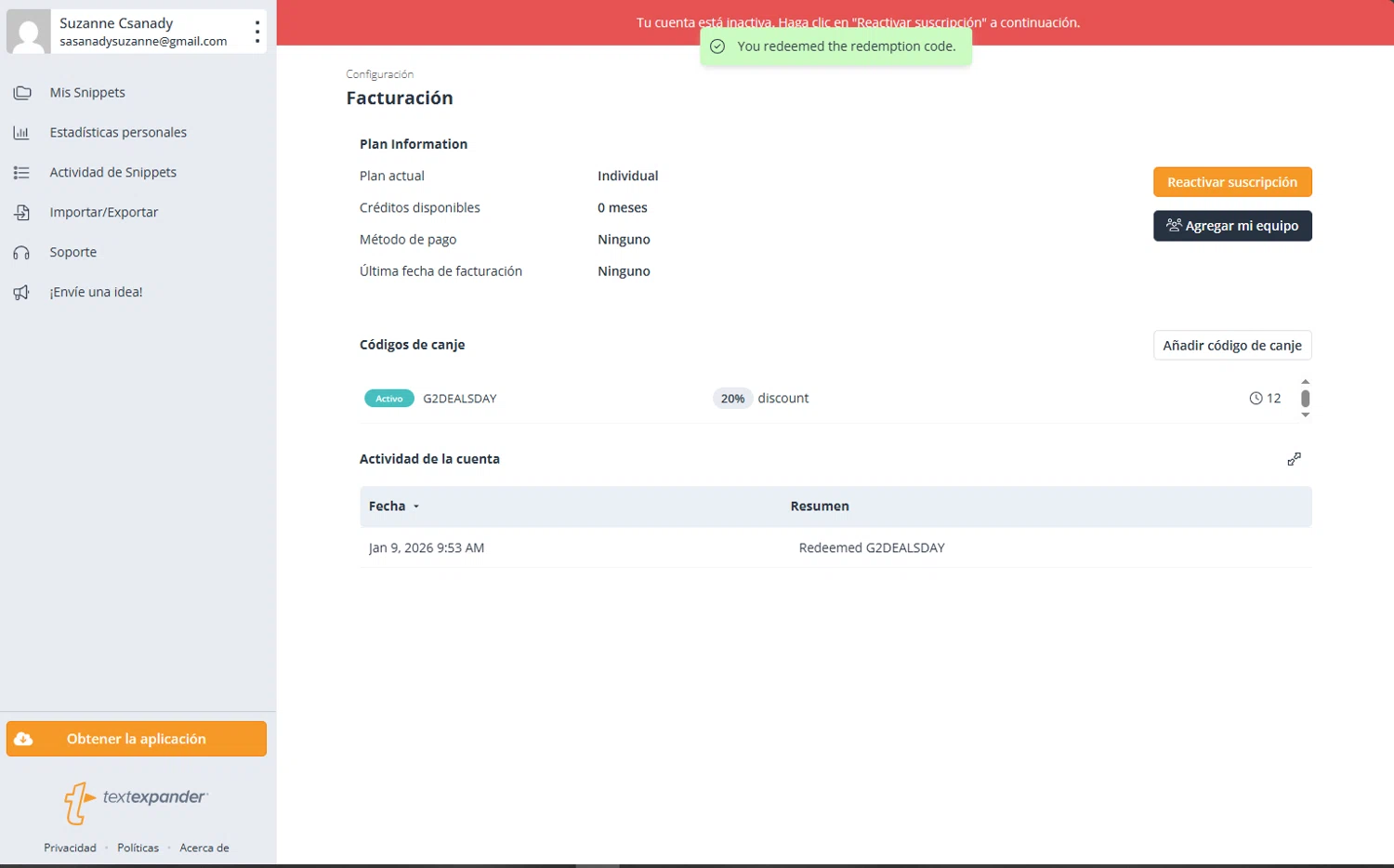 TextExpander checkout page showing TextExpander discount code box | Screenshot taken by SimplyCodes community member on Jan 9, 2026