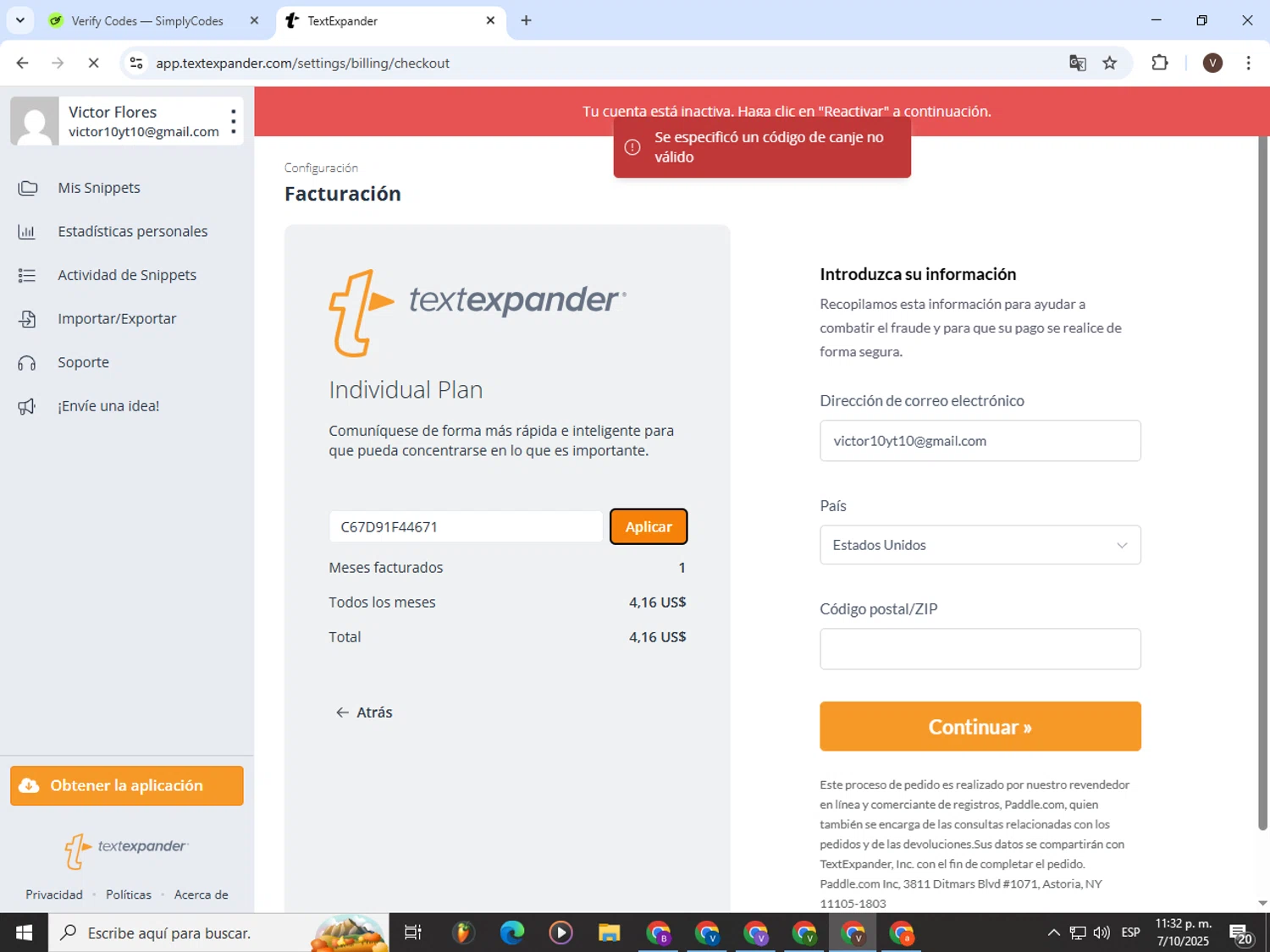 TextExpander discount code screenshot showing code C67D91F44671 applied at TextExpander checkout page. Uploaded by SimplyCodes community member CashLion3448 on Oct 8, 2025