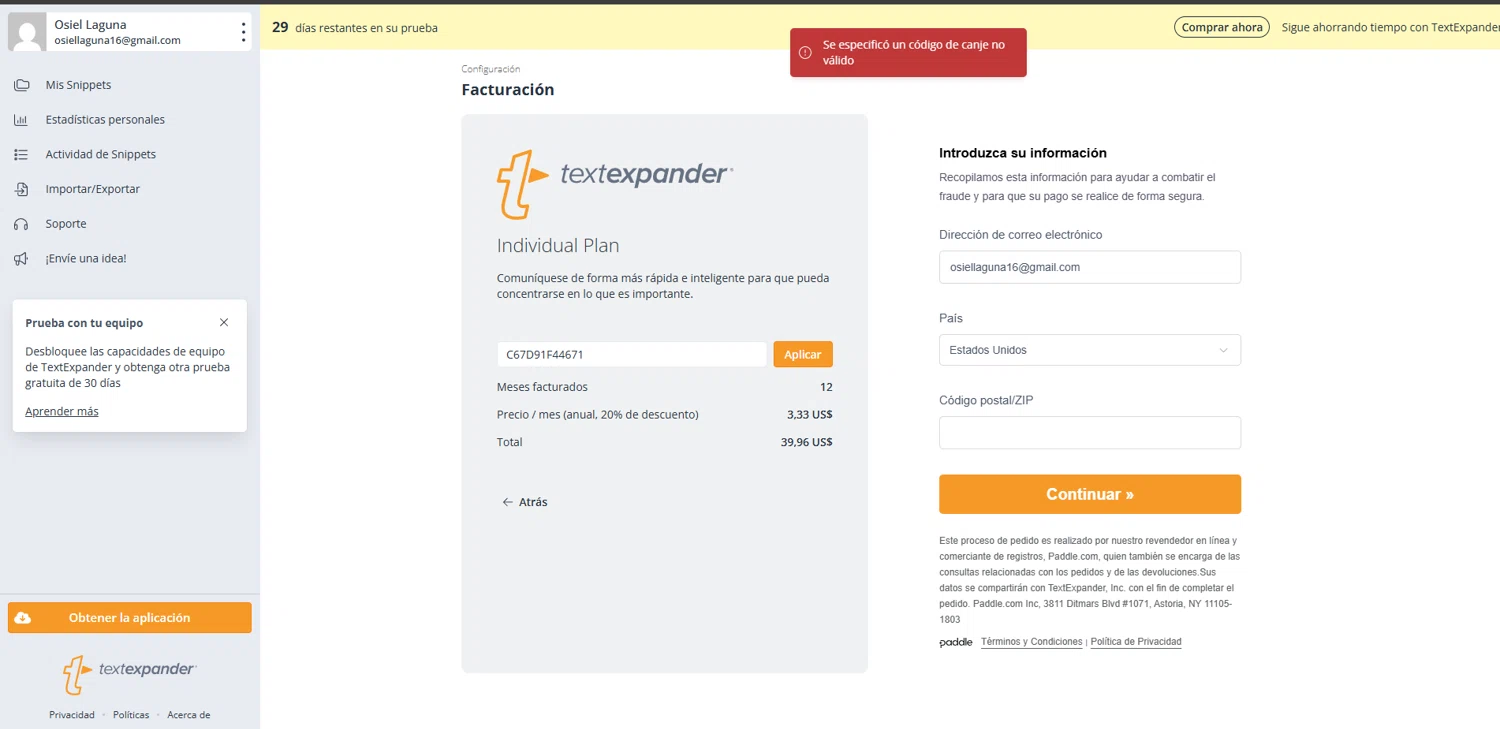 TextExpander discount code screenshot showing code C67D91F44671 applied at TextExpander checkout page. Uploaded by SimplyCodes community member ishidashoya on Nov 2, 2025