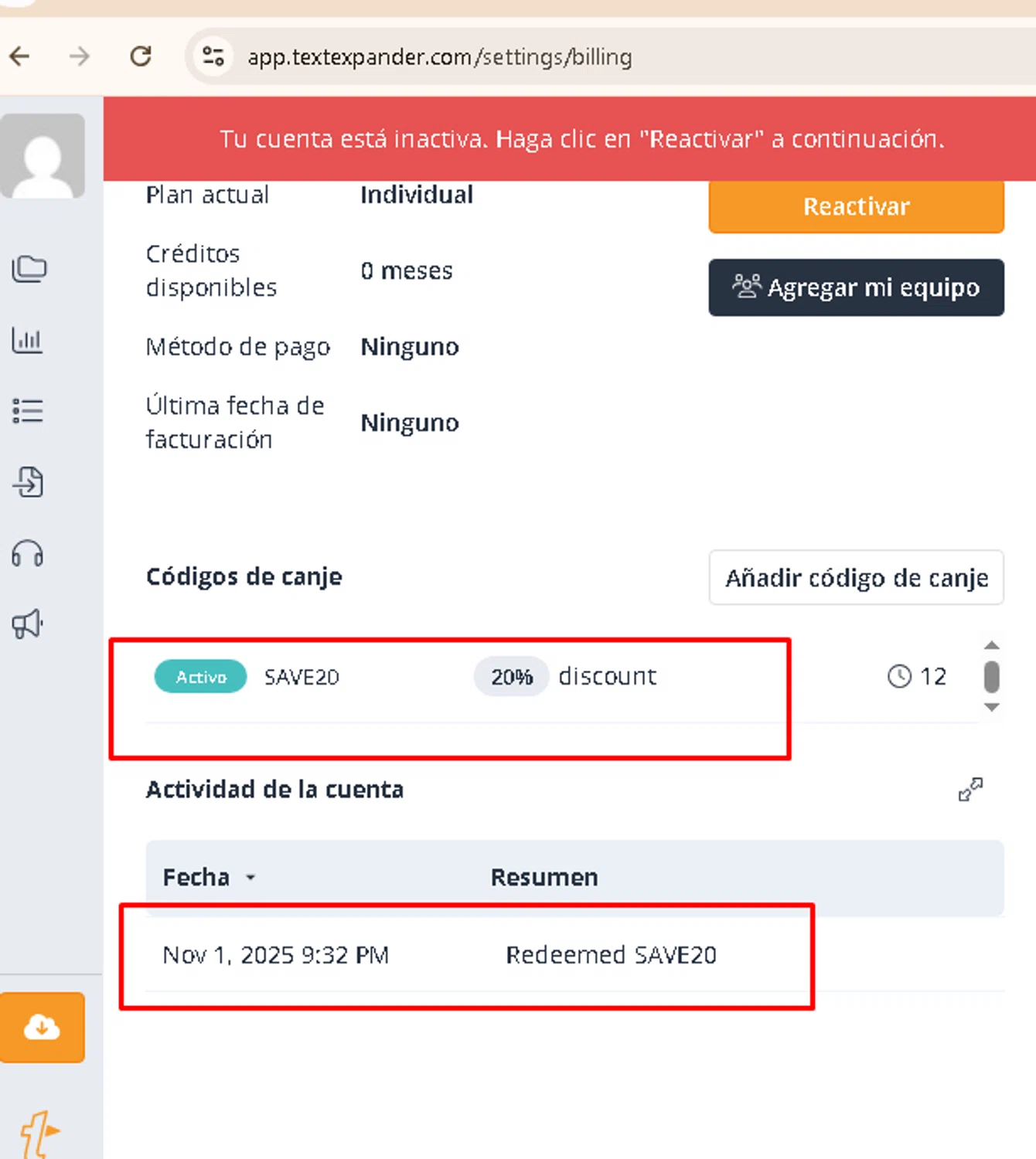 TextExpander discount code screenshot showing code SAVE20 applied at TextExpander checkout page. Uploaded by SimplyCodes community member AMANDA2681 on Nov 2, 2025