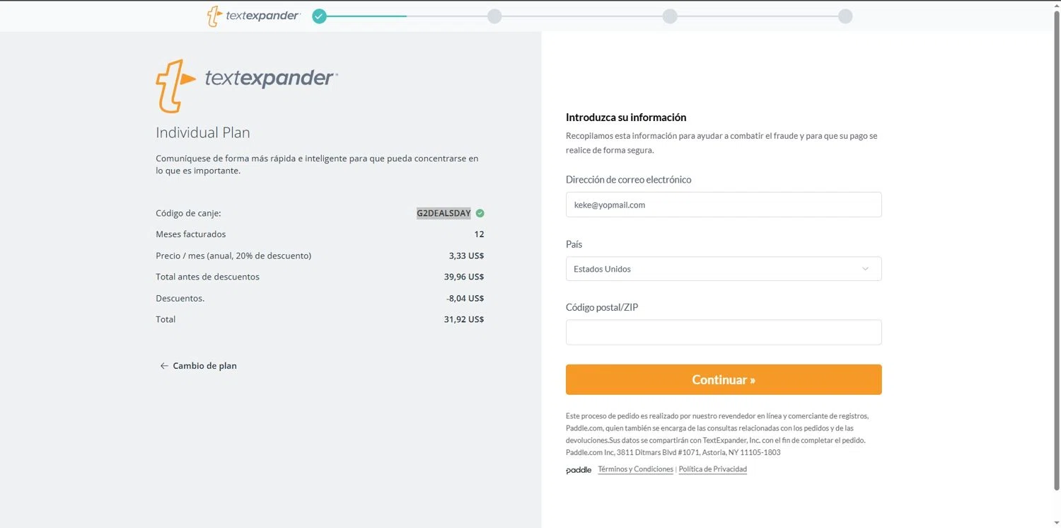 TextExpander discount code screenshot showing code G2DEALSDAY applied at TextExpander checkout page. Uploaded by SimplyCodes community member Depressive on Dec 11, 2025