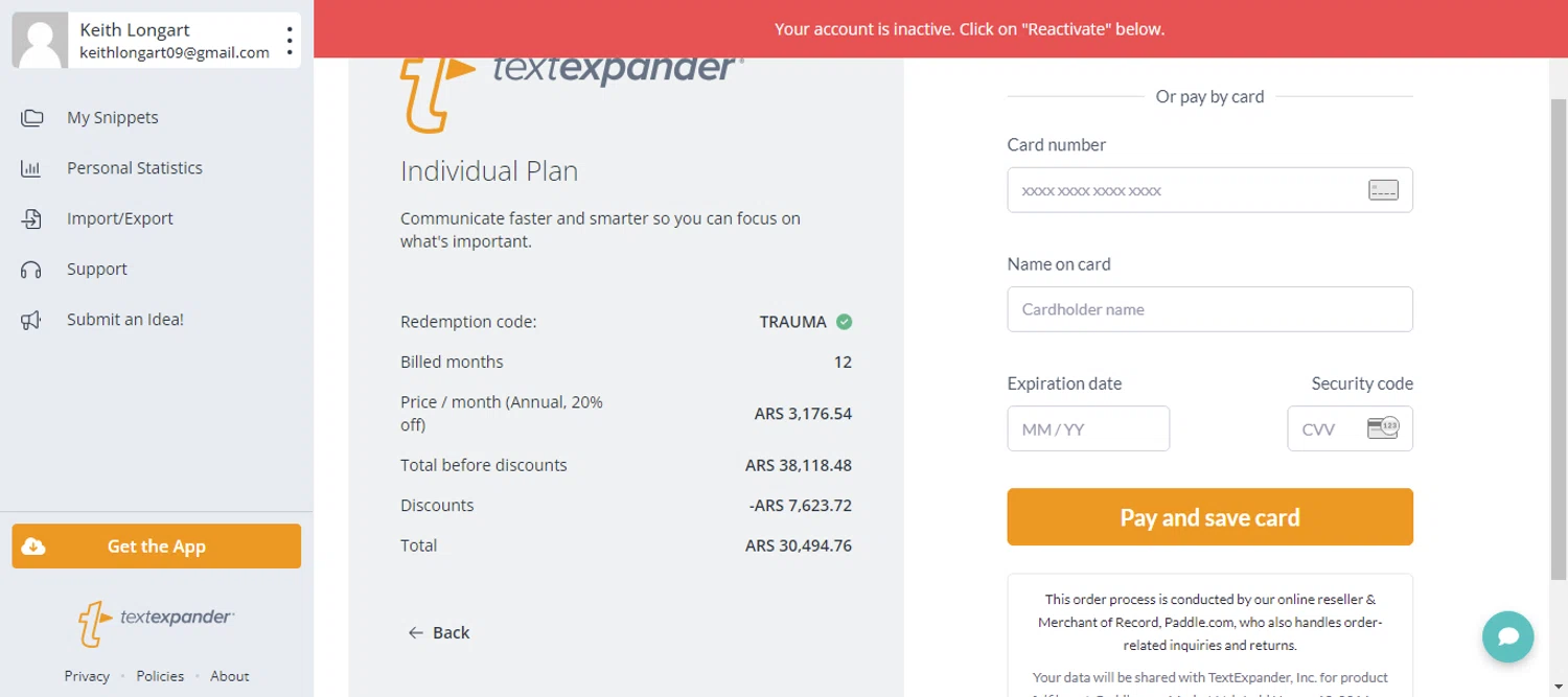 TextExpander discount code screenshot showing code trauma applied at TextExpander checkout page. Uploaded by SimplyCodes community member mrdarcy on Aug 6, 2024