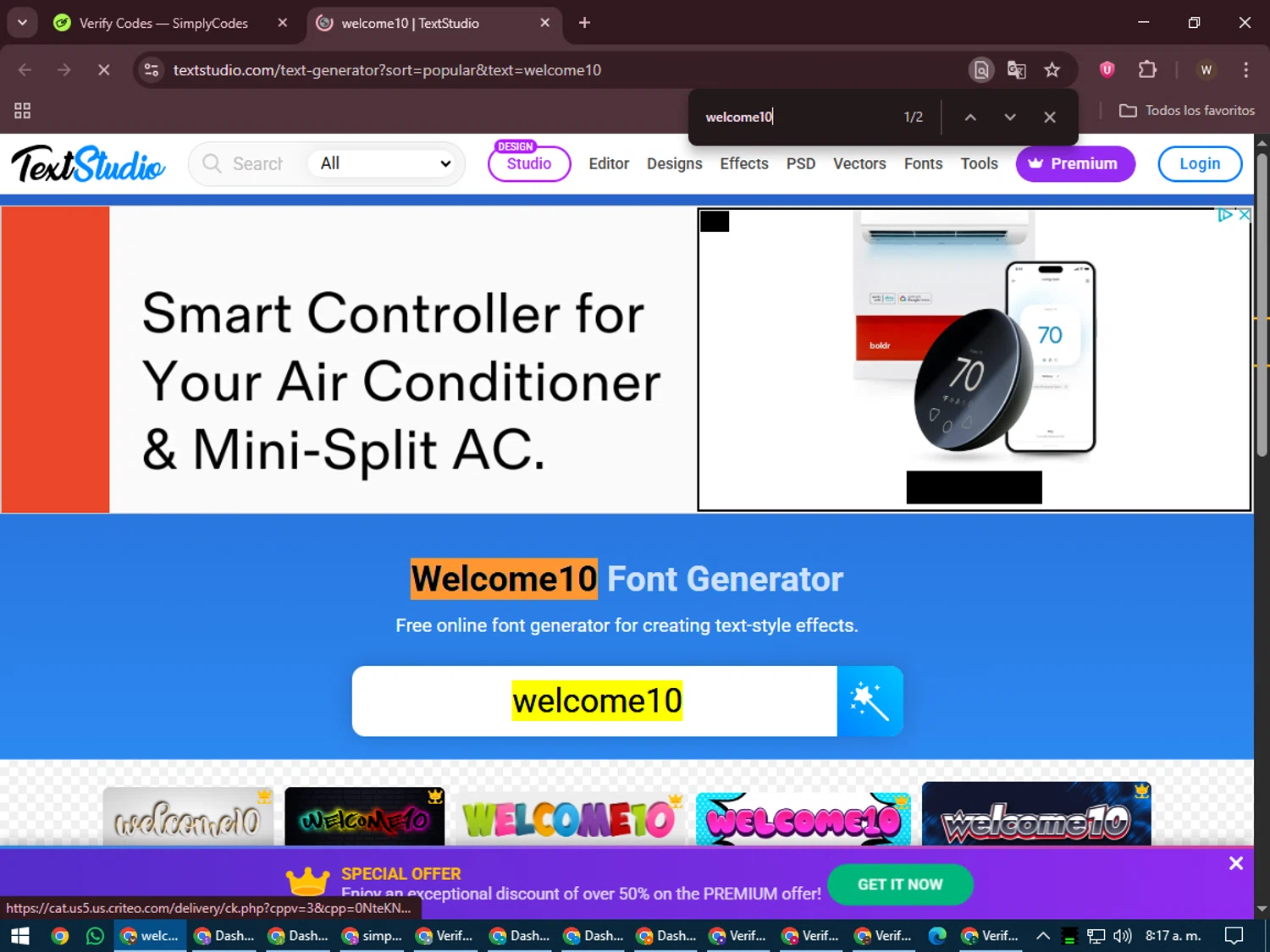 TextStudio promo code screenshot showing code welcome10 applied at TextStudio checkout page. Uploaded by SimplyCodes community member DealMaestro2101 on Jun 11, 2025