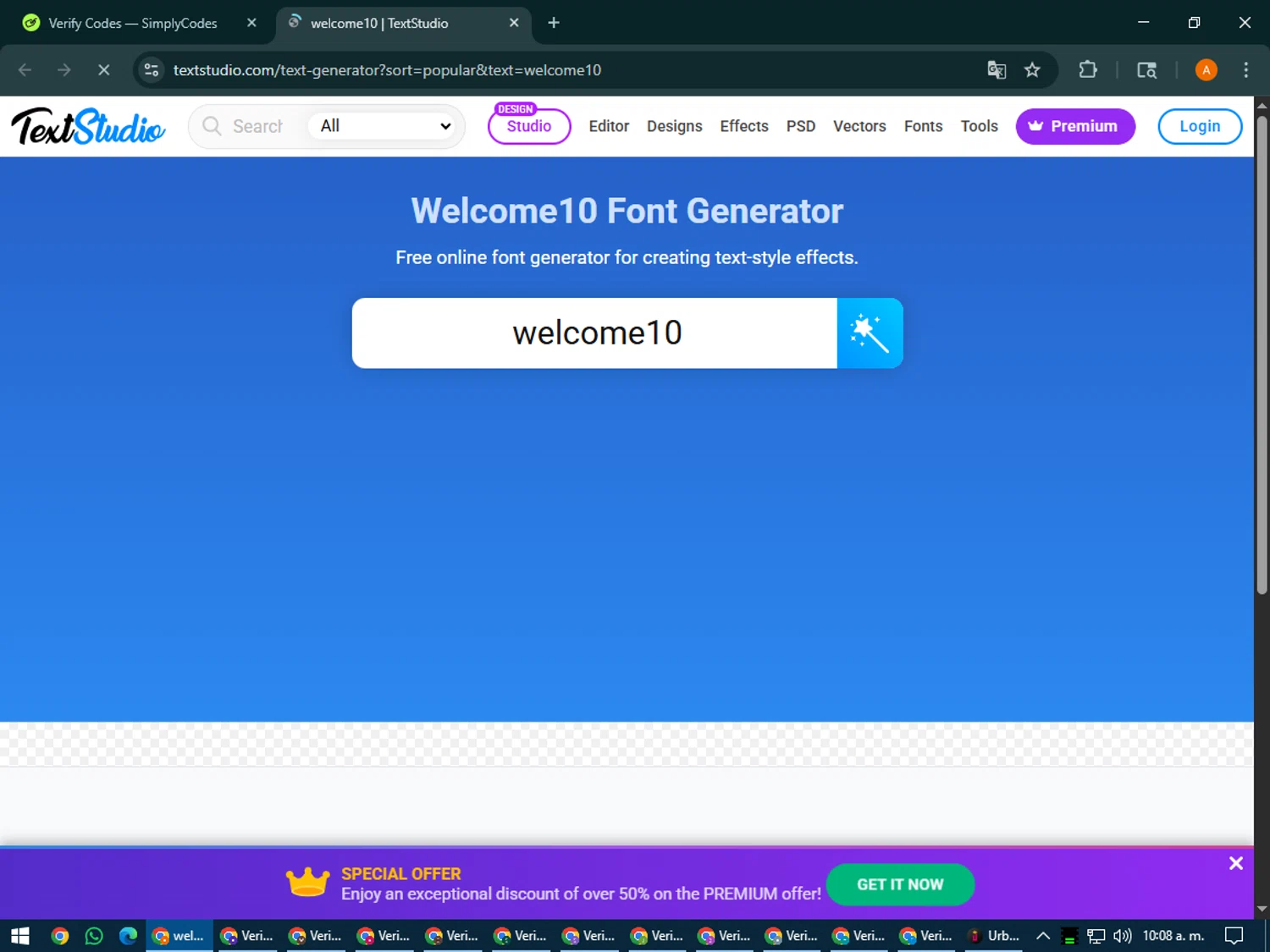TextStudio promo code screenshot showing code welcome10 applied at TextStudio checkout page. Uploaded by SimplyCodes community member MoneyPhoenix4664 on Jul 10, 2025