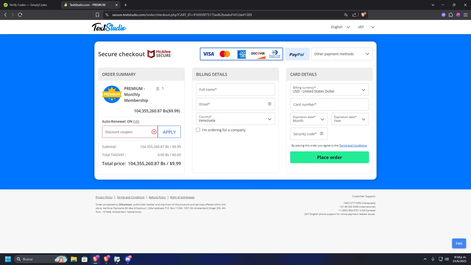 TextStudio promo code screenshot showing code Hello20 applied at TextStudio checkout page. Uploaded by SimplyCodes community member RANK1VERIFIED on Jun 25, 2025