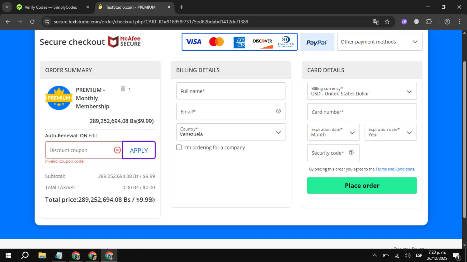 TextStudio promo code screenshot showing code Hello20 applied at TextStudio checkout page. Uploaded by SimplyCodes community member kuromii on Dec 26, 2025