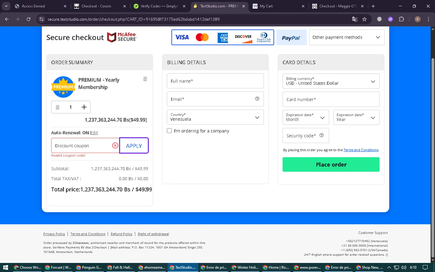 TextStudio promo code screenshot showing code hello10 applied at TextStudio checkout page. Uploaded by SimplyCodes community member RoyalSleuth6331 on Dec 4, 2025