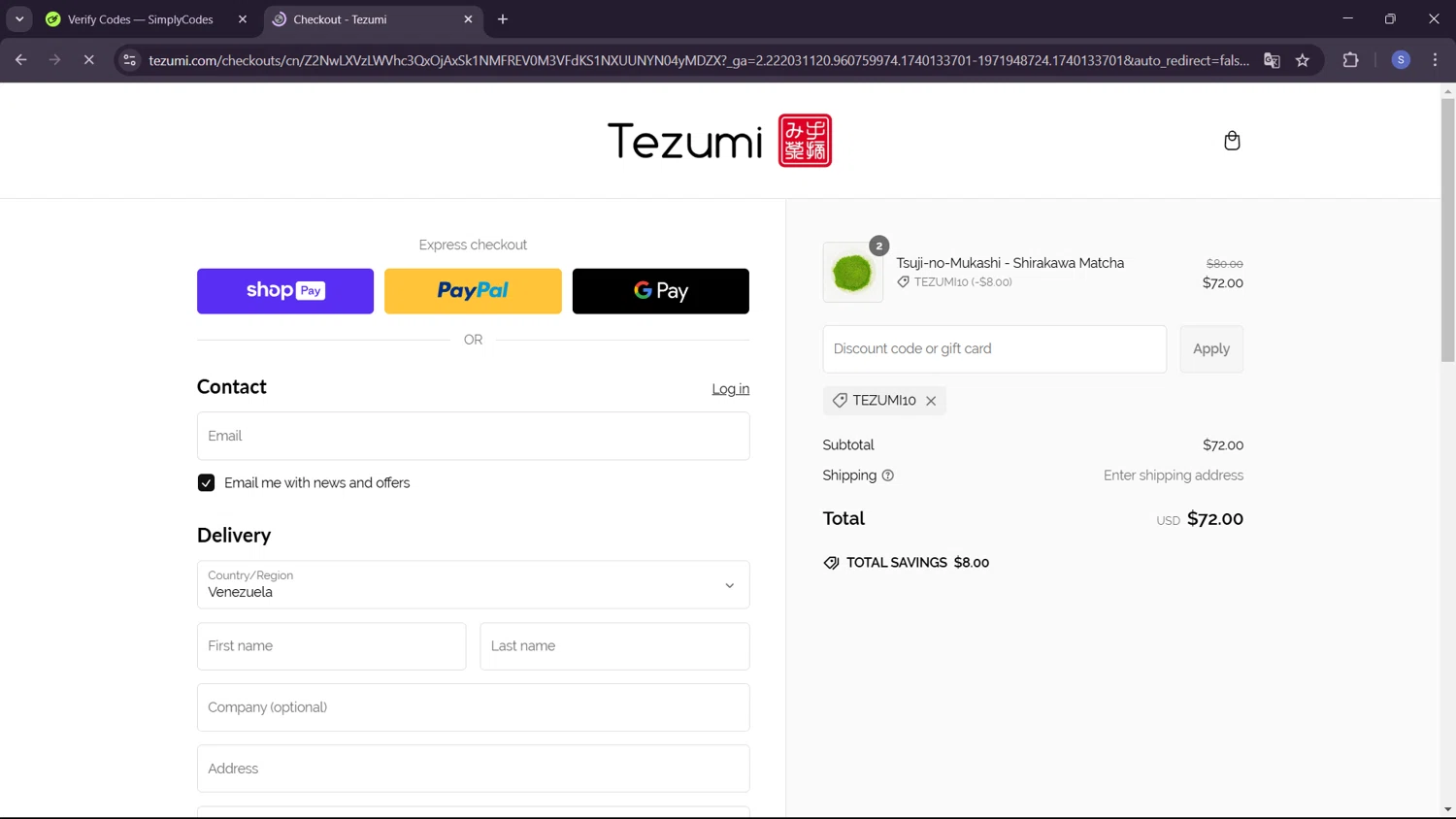 Tezumi discount code screenshot showing code TEZUMI10 applied at Tezumi checkout page. Uploaded by SimplyCodes community member ExtraordinaryWhiz4519 on Feb 21, 2025