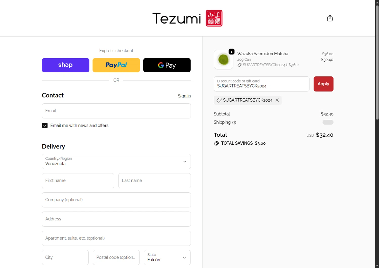 Tezumi discount code screenshot showing code SUGARTREATSBYCK2024 applied at Tezumi checkout page. Uploaded by SimplyCodes community member MagnificentFalcon188 on Oct 28, 2025