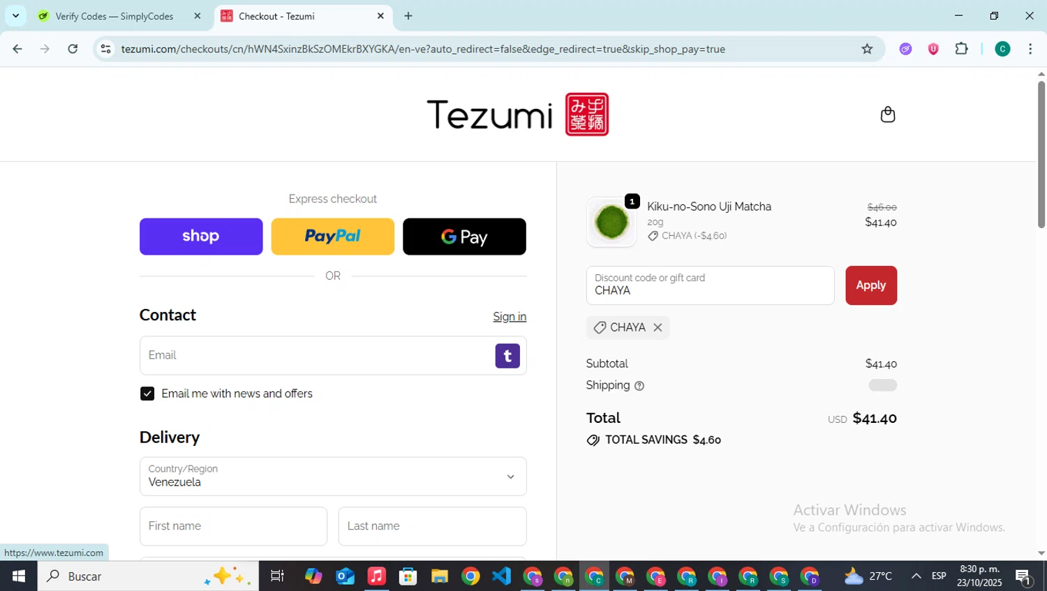 Tezumi discount code screenshot showing code CHAYA applied at Tezumi checkout page. Uploaded by SimplyCodes community member BonusPilot927 on Oct 24, 2025