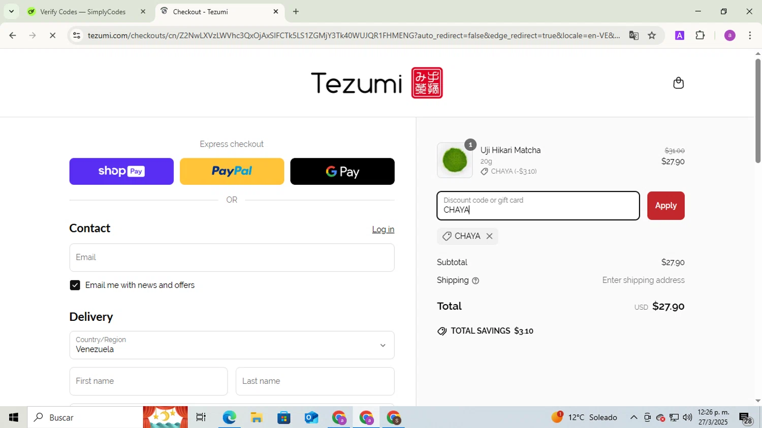 Tezumi discount code screenshot showing code CHAYA applied at Tezumi checkout page. Uploaded by SimplyCodes community member ExtraordinaryExpert1730 on Mar 27, 2025