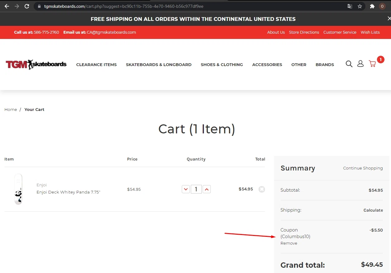 TGM Skateboards checkout page showing TGM Skateboards coupon code box | Screenshot taken by SimplyCodes community member on Oct 9, 2021