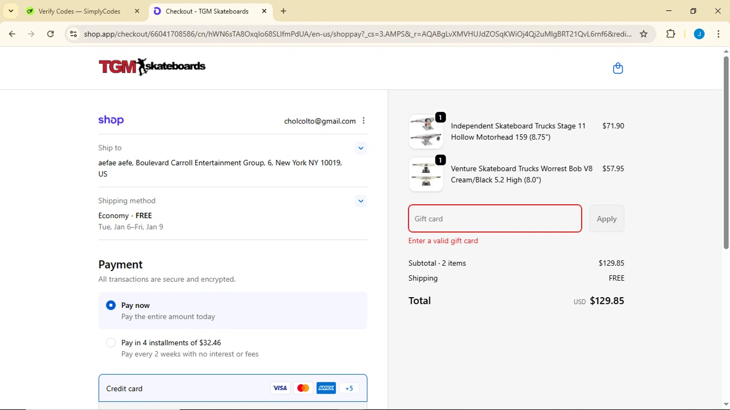 TGM Skateboards coupon code screenshot showing code BLACKFRIDAY15 applied at TGM Skateboards checkout page. Uploaded by SimplyCodes community member Luisitoxd12 on Dec 26, 2025