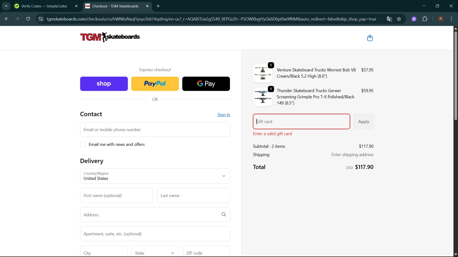 TGM Skateboards coupon code screenshot showing code BLACKFRIDAY15 applied at TGM Skateboards checkout page. Uploaded by SimplyCodes community member ShrewdPro2243 on Dec 26, 2025