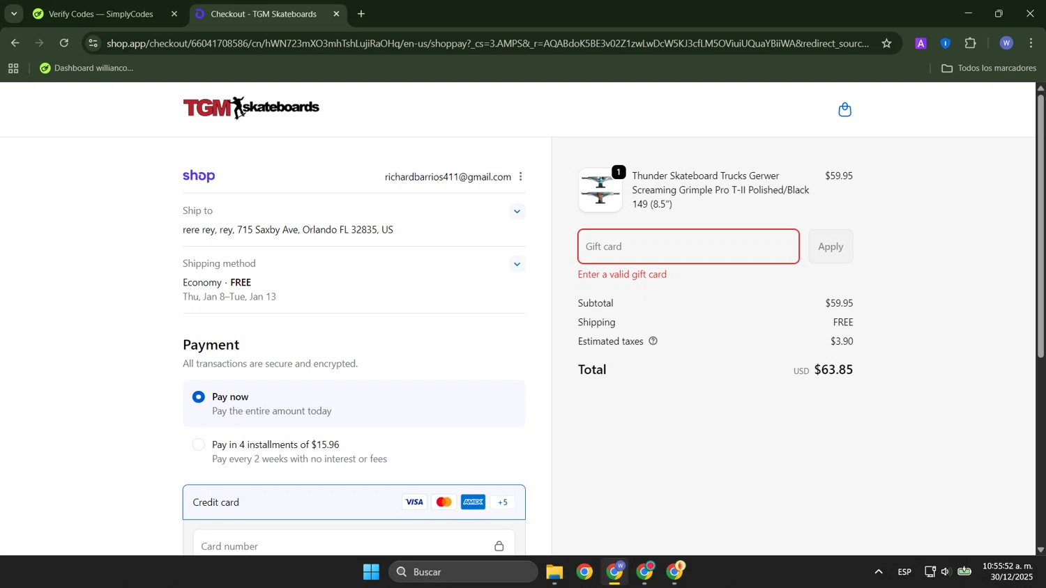TGM Skateboards coupon code screenshot showing code CYBER15 applied at TGM Skateboards checkout page. Uploaded by SimplyCodes community member ThriftyTracker446 on Dec 30, 2025