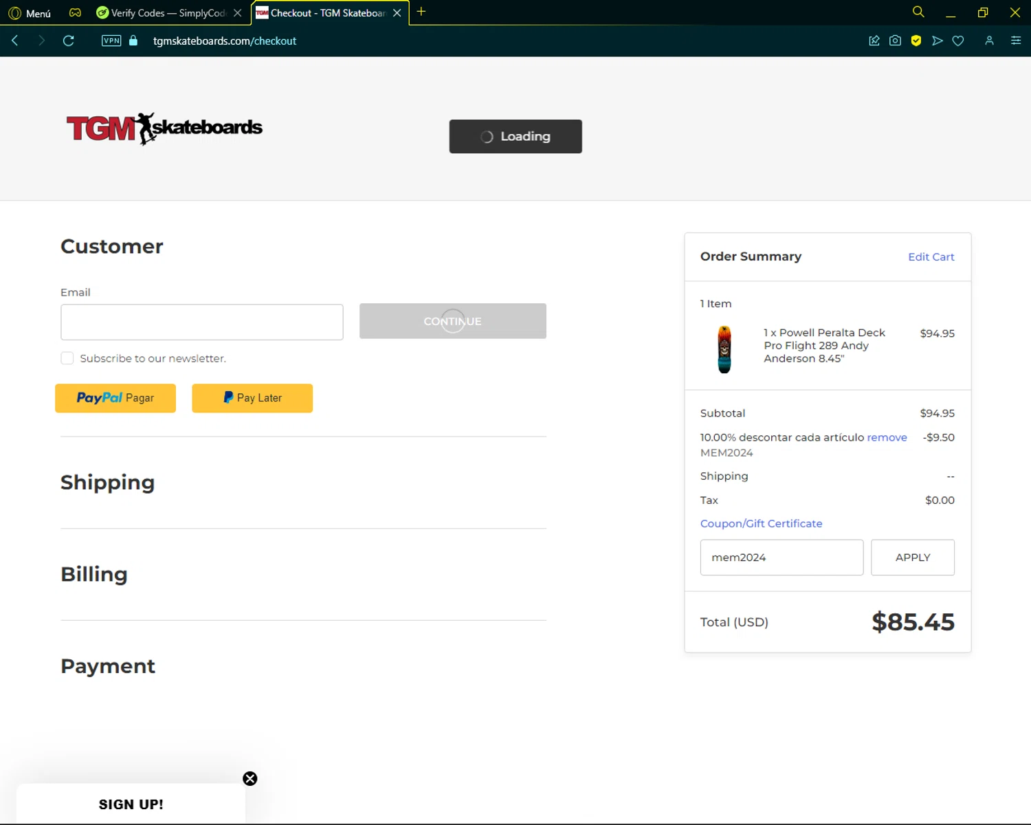 TGM Skateboards checkout page showing TGM Skateboards coupon code box | Screenshot taken by SimplyCodes community member on May 25, 2024