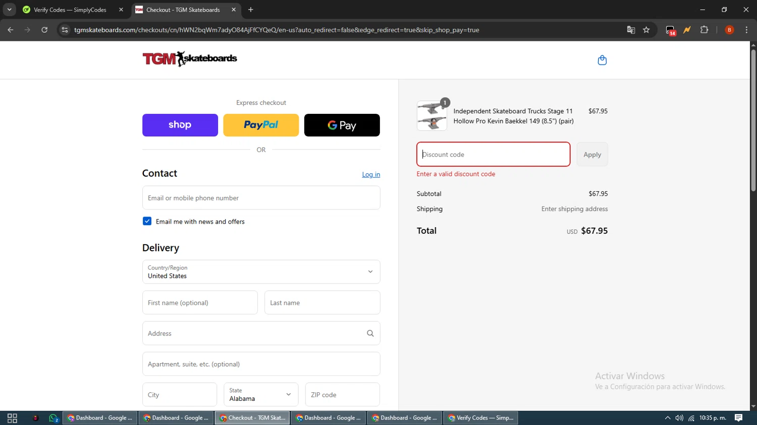 TGM Skateboards coupon code screenshot showing code 10OFF100 applied at TGM Skateboards checkout page. Uploaded by SimplyCodes community member BrilliantLynx7174 on Sep 5, 2025