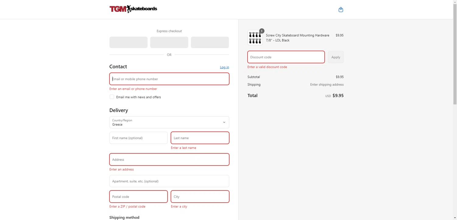 TGM Skateboards coupon code screenshot showing code 10OFF100 applied at TGM Skateboards checkout page. Uploaded by SimplyCodes community member ExtraordinaryShopper780 on Sep 5, 2025
