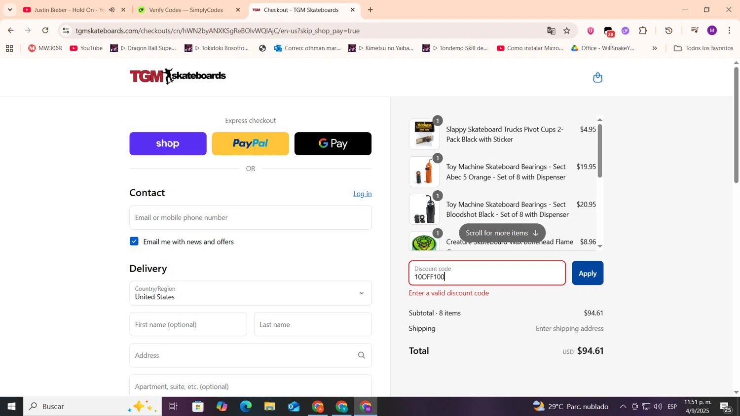 TGM Skateboards coupon code screenshot showing code 10OFF100 applied at TGM Skateboards checkout page. Uploaded by SimplyCodes community member cod_gakpo on Sep 5, 2025