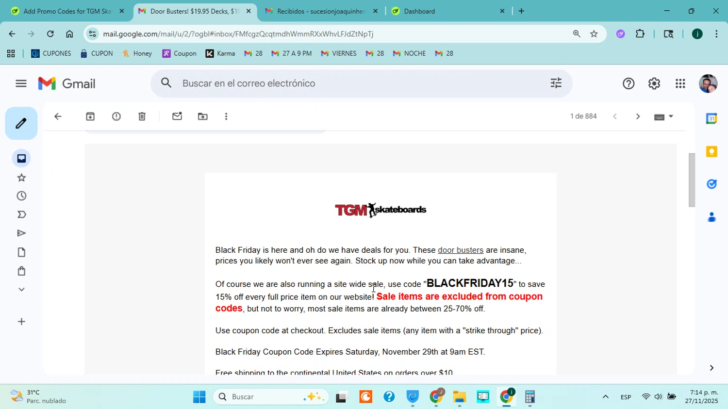 TGM Skateboards coupon code screenshot showing code BlackFriday15 applied at TGM Skateboards checkout page. Uploaded by SimplyCodes community member jorgejavierherrera on Nov 27, 2025