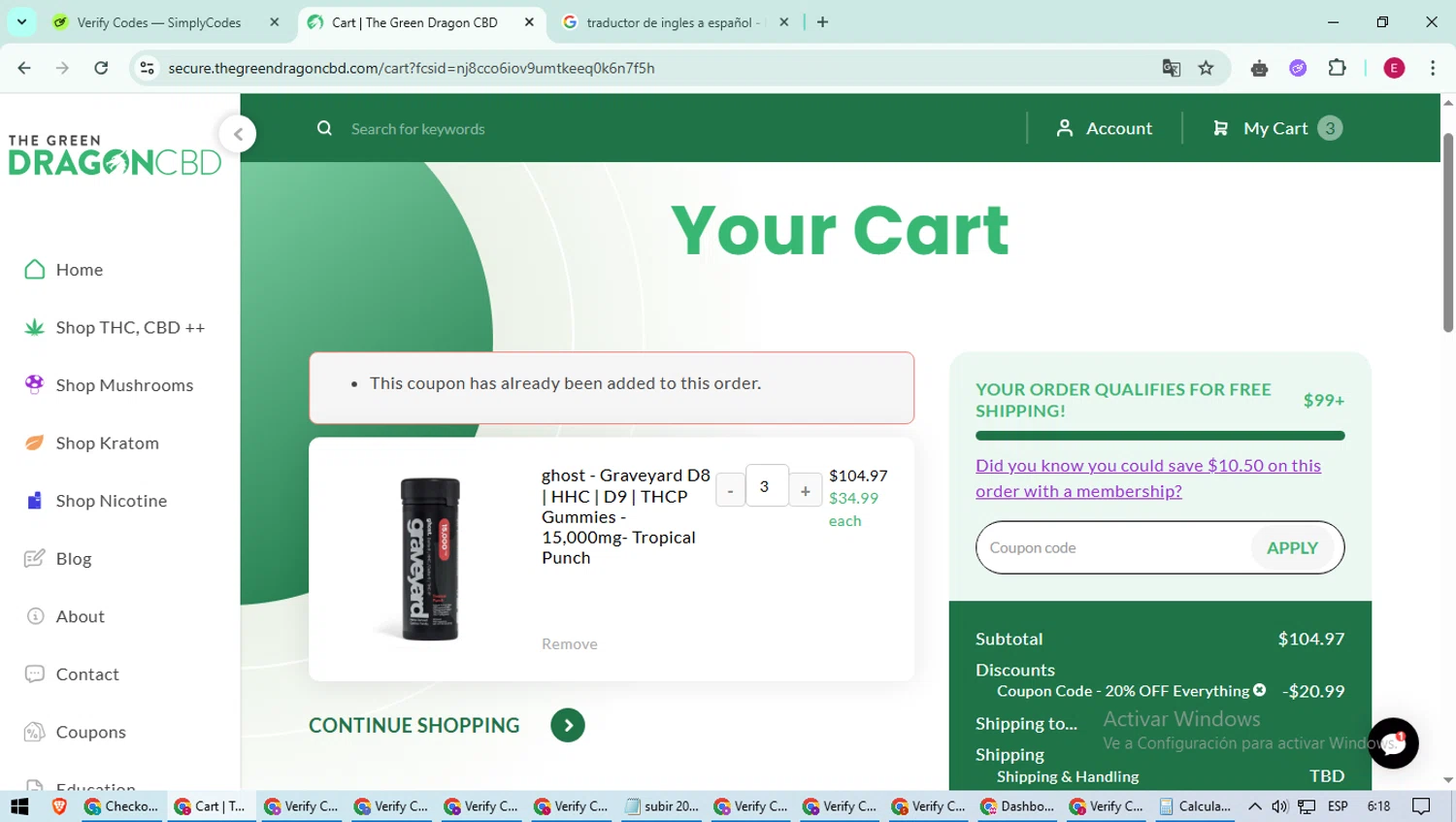 The Green Dragon CBD coupon code screenshot showing code TENDON20 applied at The Green Dragon CBD checkout page. Uploaded by SimplyCodes community member BrilliantWhiz4434 on Apr 28, 2025
