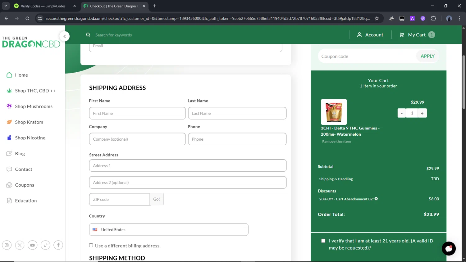 The Green Dragon CBD coupon code screenshot showing code I69PV19C applied at The Green Dragon CBD checkout page. Uploaded by SimplyCodes community member Time_sin_filtro on Apr 28, 2025