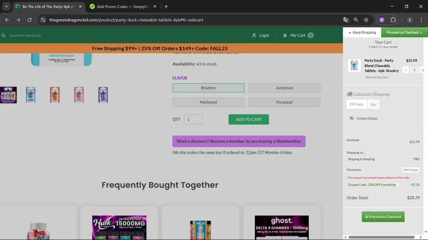 The Green Dragon CBD checkout page showing The Green Dragon CBD coupon code box | Screenshot taken by SimplyCodes community member on Dec 8, 2025
