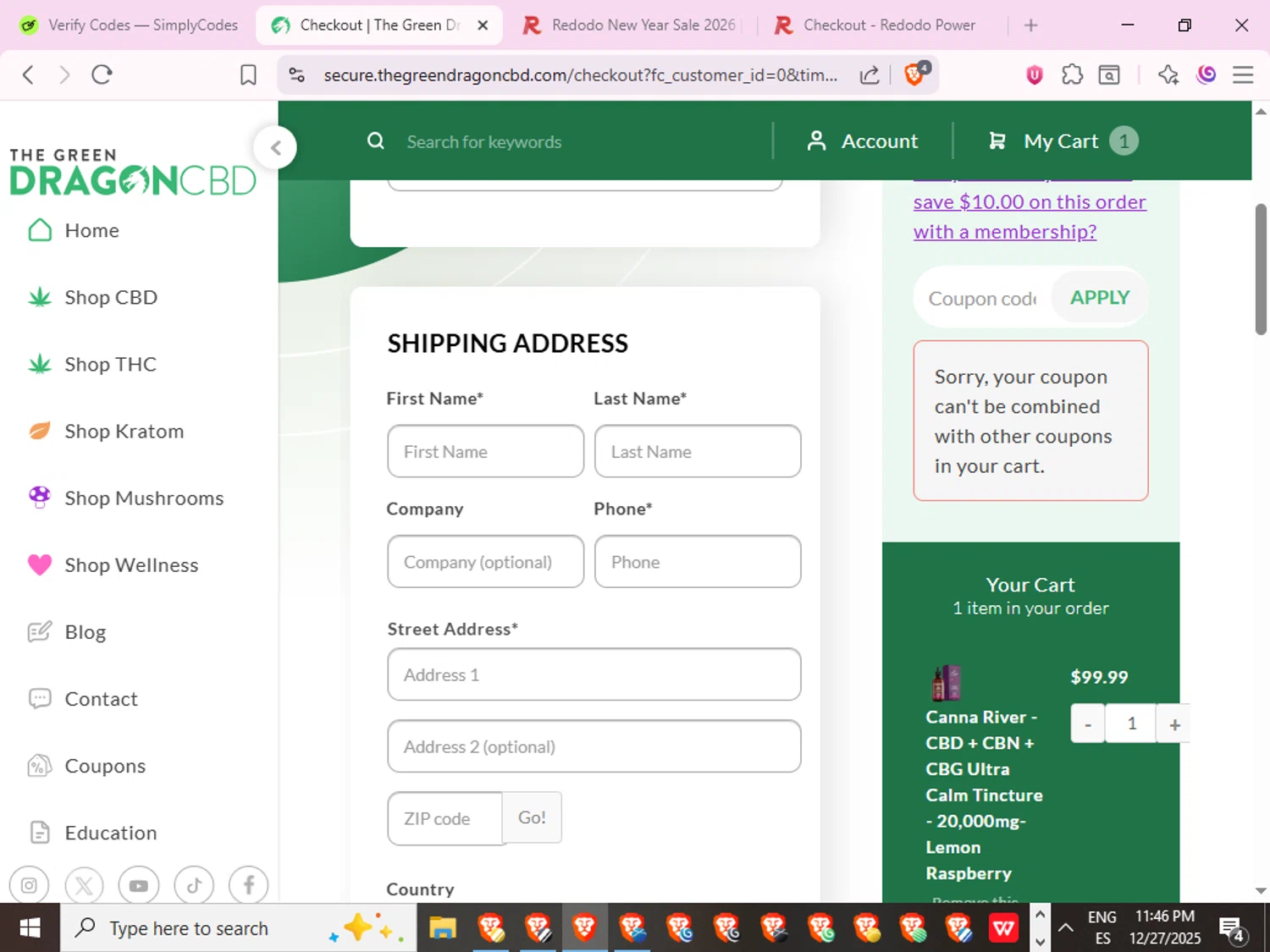 The Green Dragon CBD coupon code screenshot showing code FIRST20 applied at The Green Dragon CBD checkout page. Uploaded by SimplyCodes community member Joserafa on Dec 28, 2025