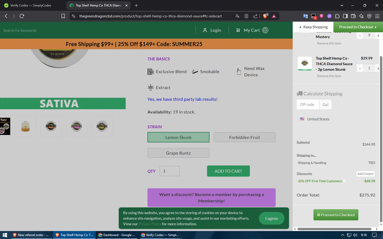 The Green Dragon CBD coupon code screenshot showing code FIRST20 applied at The Green Dragon CBD checkout page. Uploaded by SimplyCodes community member Voucher200 on Jun 23, 2025