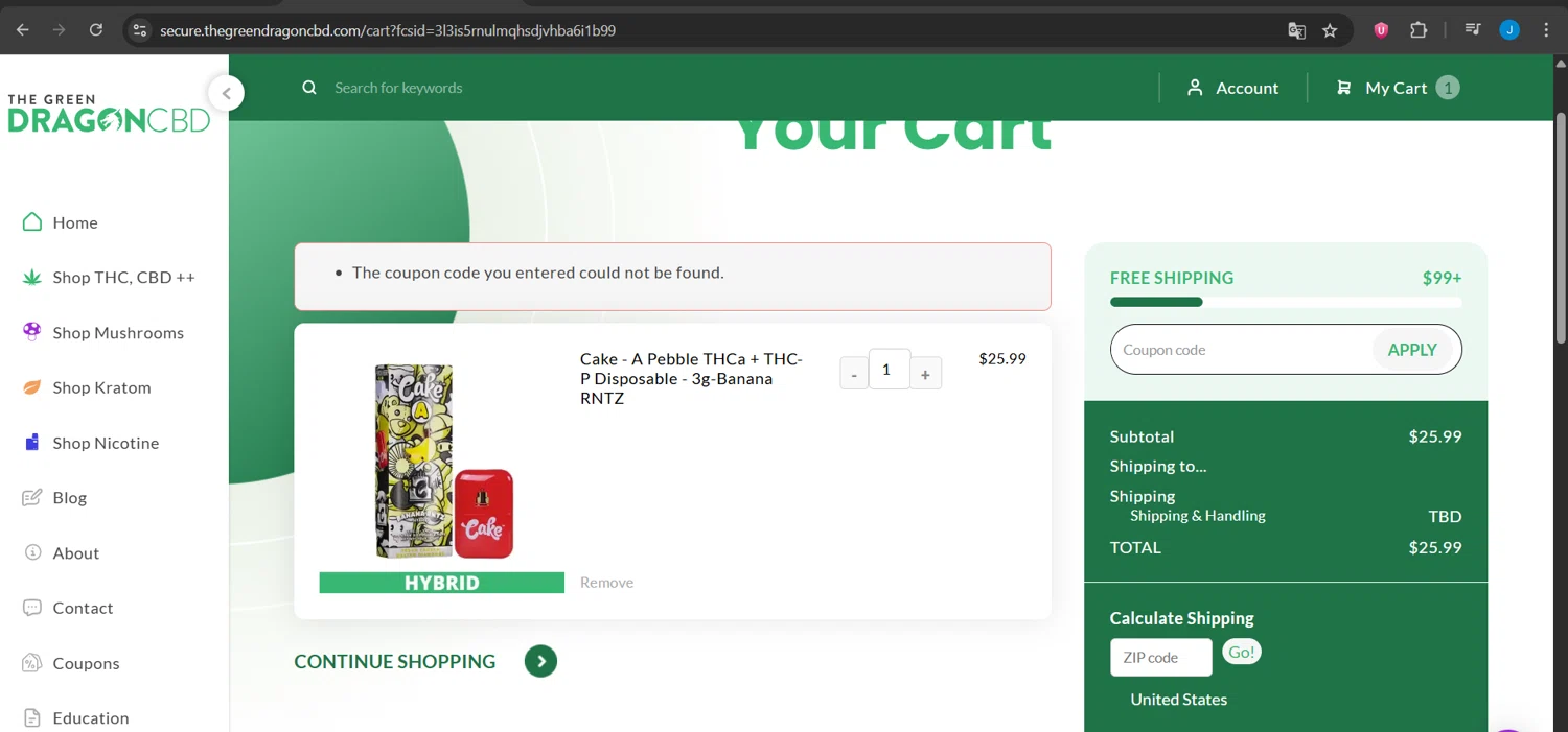 The Green Dragon CBD coupon code screenshot showing code WINTER25 applied at The Green Dragon CBD checkout page. Uploaded by SimplyCodes community member Jeanjc on Jun 18, 2025