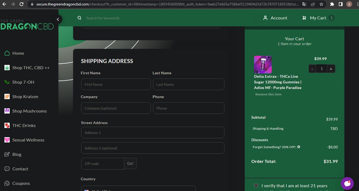 The Green Dragon CBD coupon code screenshot showing code SAVE20 applied at The Green Dragon CBD checkout page. Uploaded by SimplyCodes community member BargainVirtuoso4670 on Oct 28, 2025