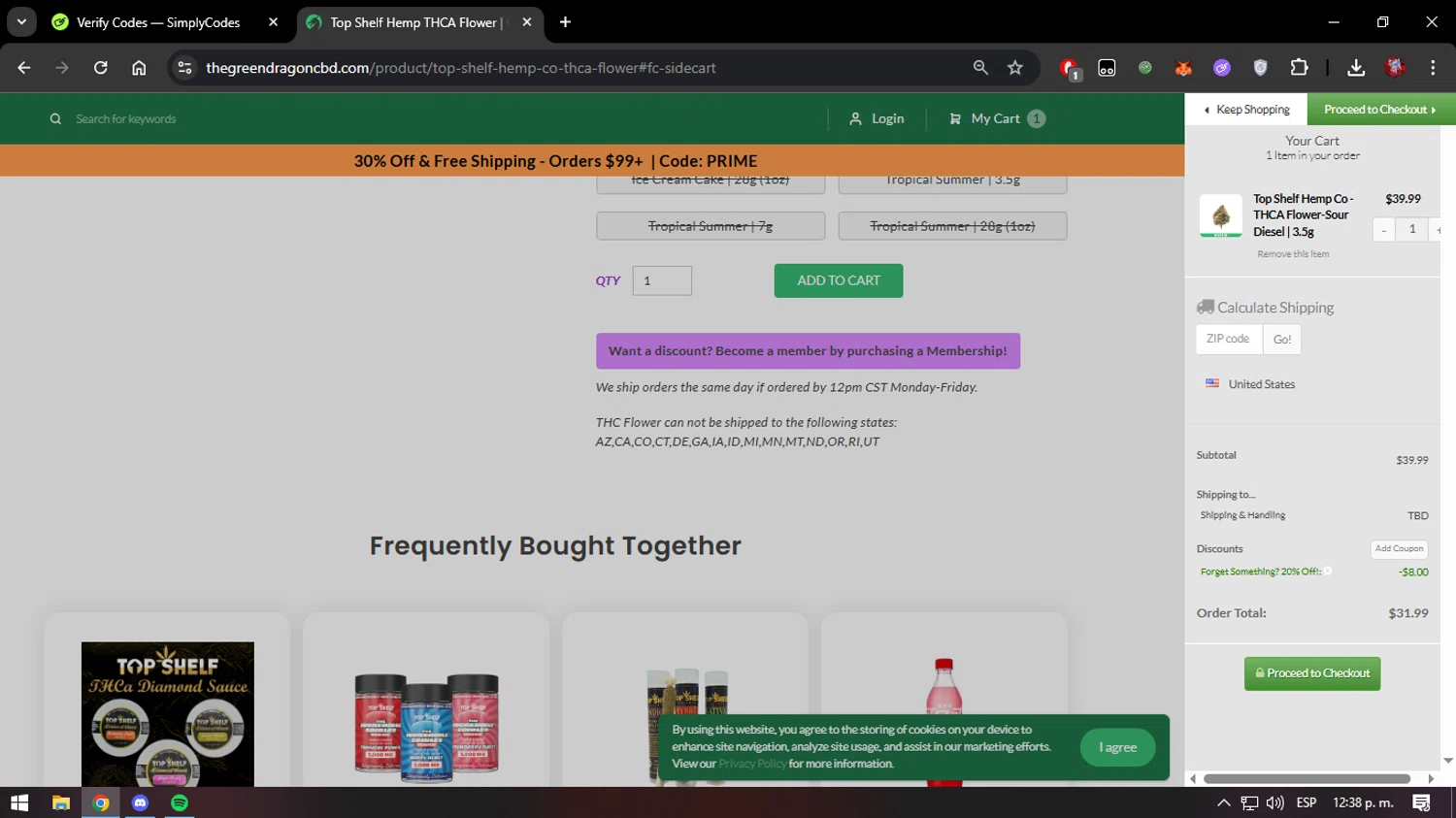 The Green Dragon CBD coupon code screenshot showing code SAVE20 applied at The Green Dragon CBD checkout page. Uploaded by SimplyCodes community member verify_codes on Jul 23, 2025