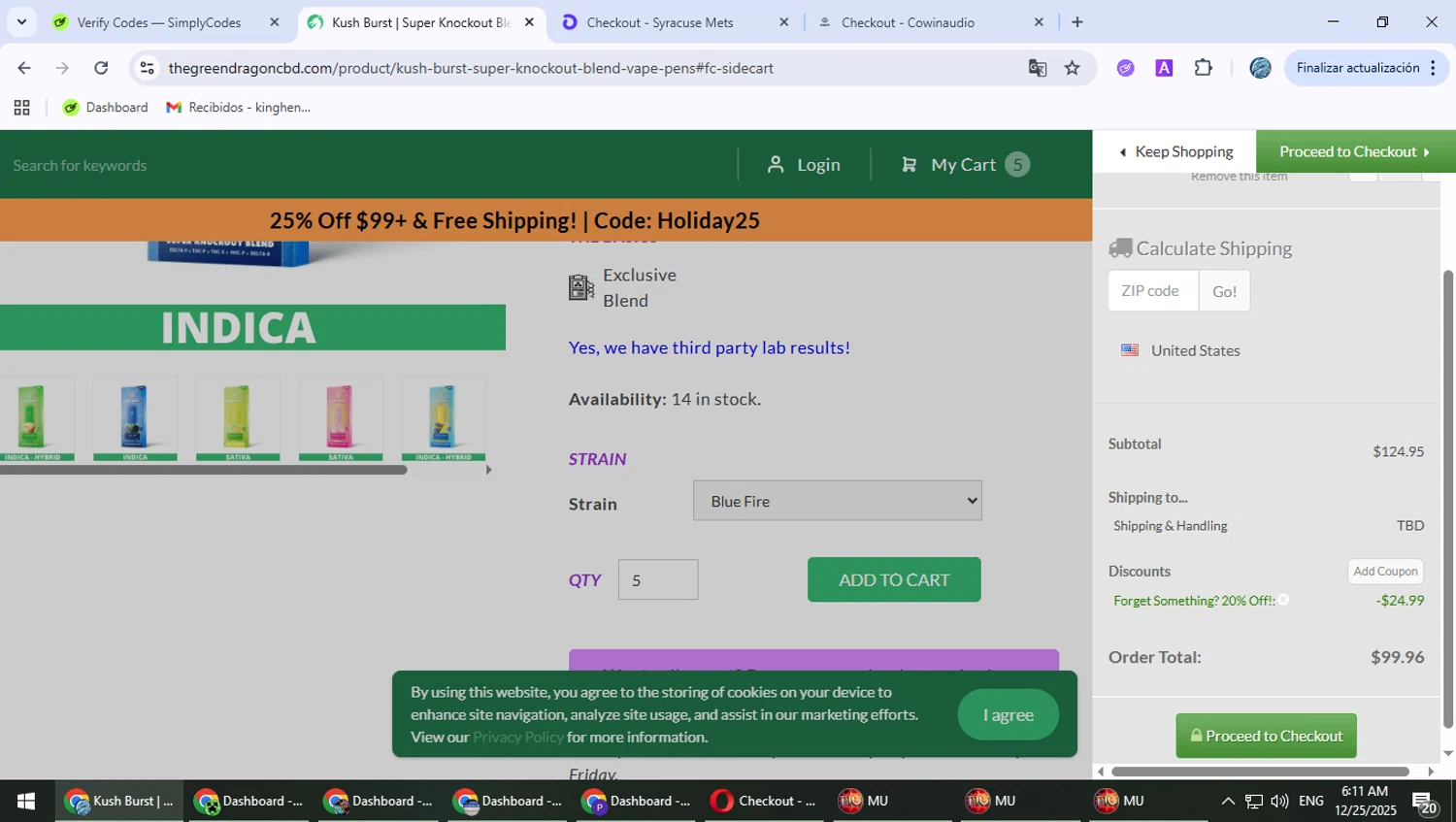 The Green Dragon CBD coupon code screenshot showing code SAVE20 applied at The Green Dragon CBD checkout page. Uploaded by SimplyCodes community member PokeGOAT on Dec 25, 2025