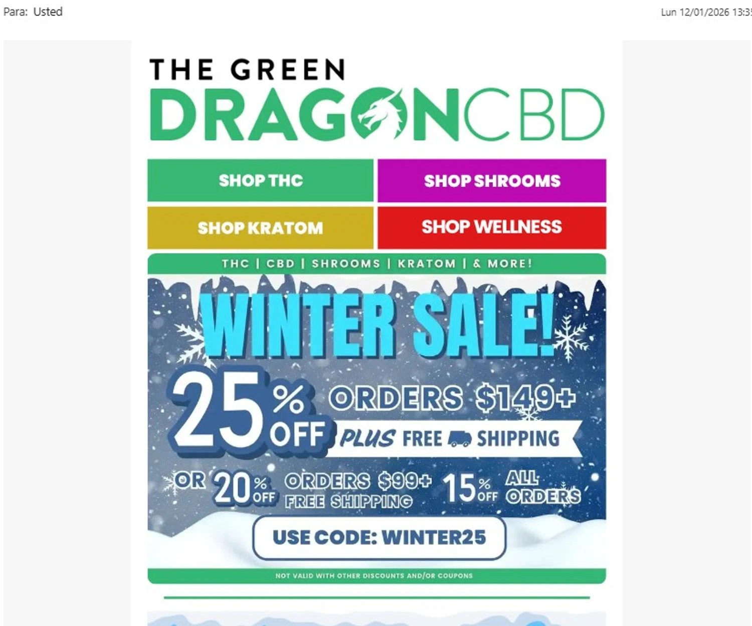 The Green Dragon CBD coupon code screenshot showing code winter25 applied at The Green Dragon CBD checkout page. Uploaded by SimplyCodes community member angelfigueroa2008 on Jan 12, 2026