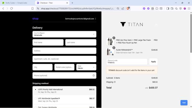 Titan checkout page showing Titan discount code box | Screenshot taken by SimplyCodes community member on Sep 10, 2025