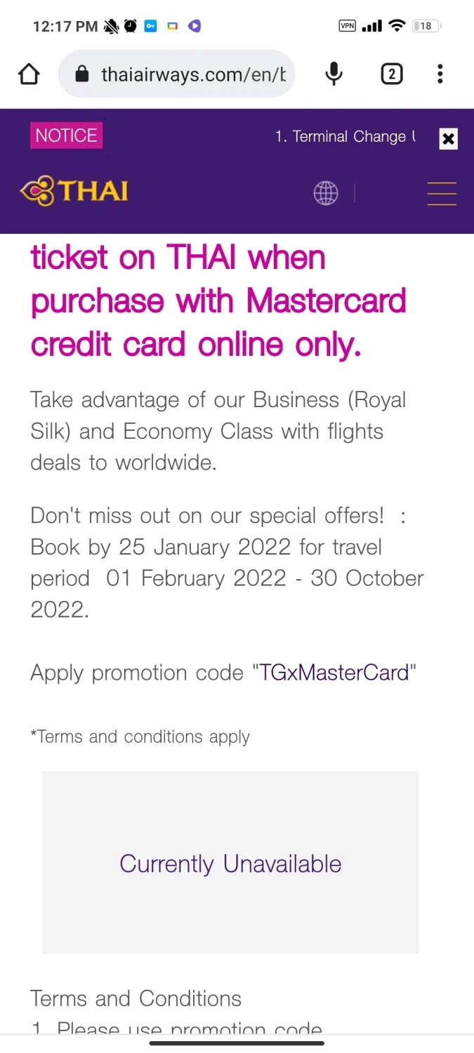 Thai Airways checkout page showing Thai Airways promo code box | Screenshot taken by SimplyCodes community member on Dec 2, 2022